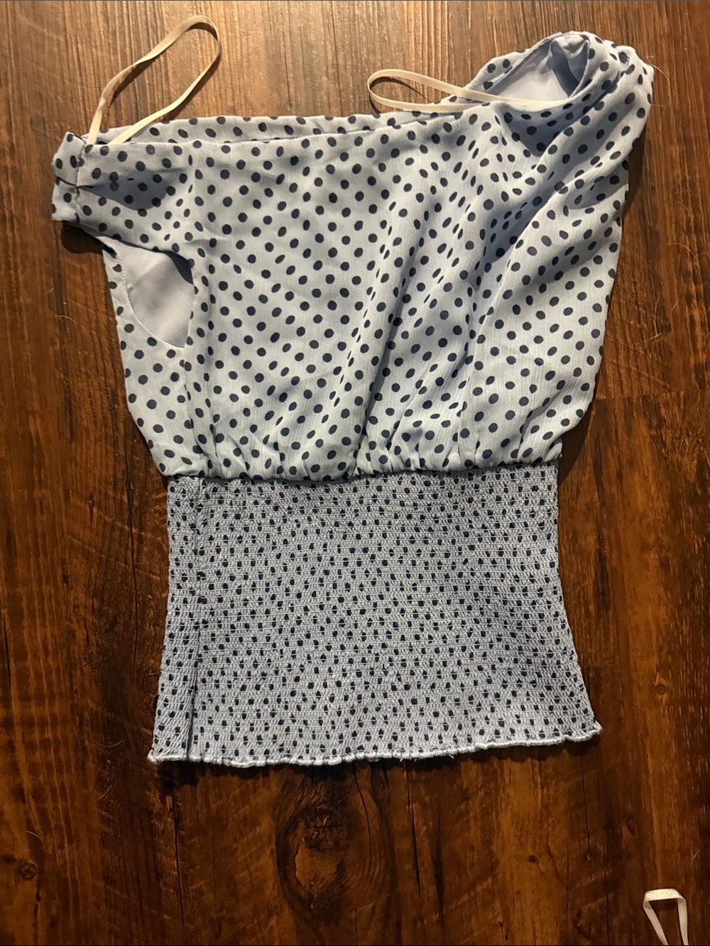 Princess Polly Light Blue Polka Dot One-Shoulder Smocked Hem Tank